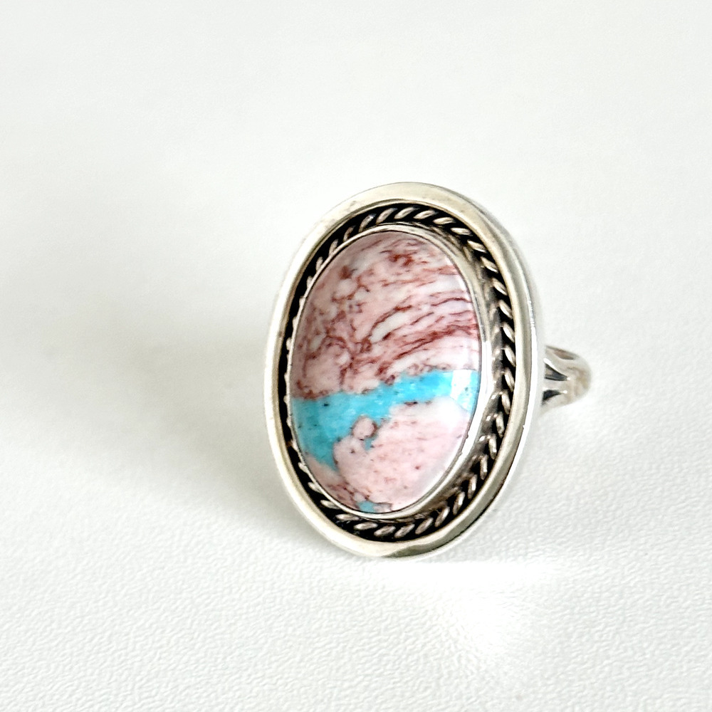 Vintage 925 Sterling Silver Running Bear Large Pink Blue Turquoise Ring Size 7 - Picture 6 of 14
